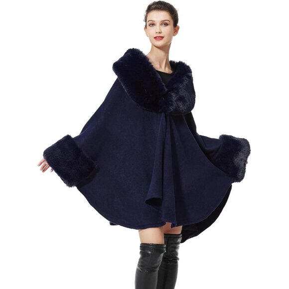 Women Faux Fur Shawl Winter Wrap Sleeveless Coat Cape with Fur Trim Cardigan Clo